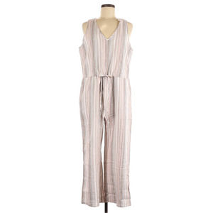 New Anthropologie DREW Medium Linen Striped Crop Wide Leg Jumpsuit Tan Neutral